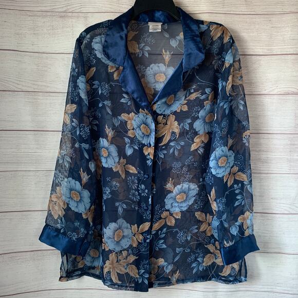 Secret Treasures Blue Floral Sheer Pajama Top Button Up Front Satin Trim Size L - Picture 1 of 15